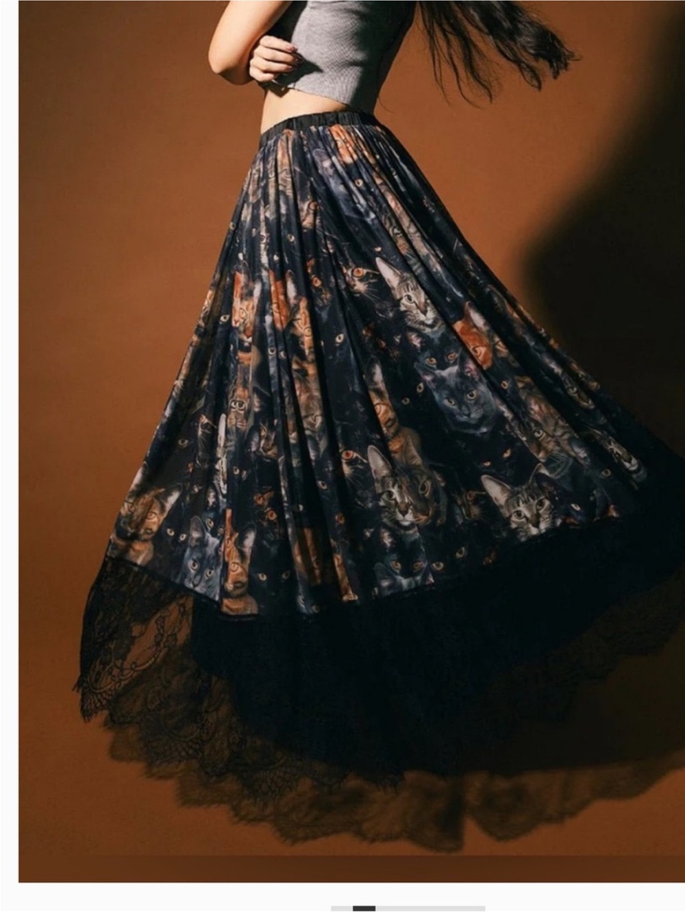 Dressed in LALA Purr Mesh Maxi Skirt Large Black Lace Cat Camo Graphic Print NWT